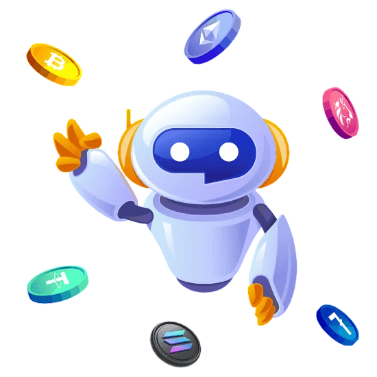 Illustration of a robot surrounded by cryptocurrency coins